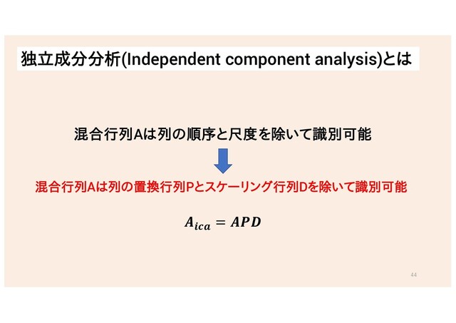 独立成分分析(Independent component analysis)とは
混合行列Aは列の順序と尺度を除いて識別可能
混合行列Aは列の置換行列Pとスケーリング行列Dを除いて識別可能
𝑨𝒊𝒄𝒂
= 𝑨𝑷𝑫
44
