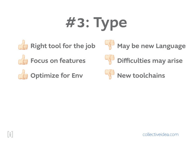 collectiveidea.com
#3: Type
! Right tool for the job
! Focus on features
! Optimize for Env
" May be new Language
" Difficulties may arise
" New toolchains
