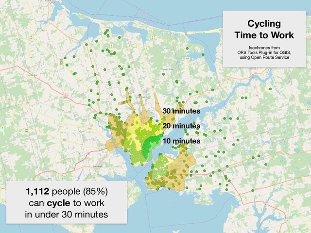 10 minutes
20 minutes
30 minutes
Cycling
Time to Work
Isochrones from

ORS Tools Plug-in for QGIS,

using Open Route Service
1,112 people (85%)

can cycle to work

in under 30 minutes
