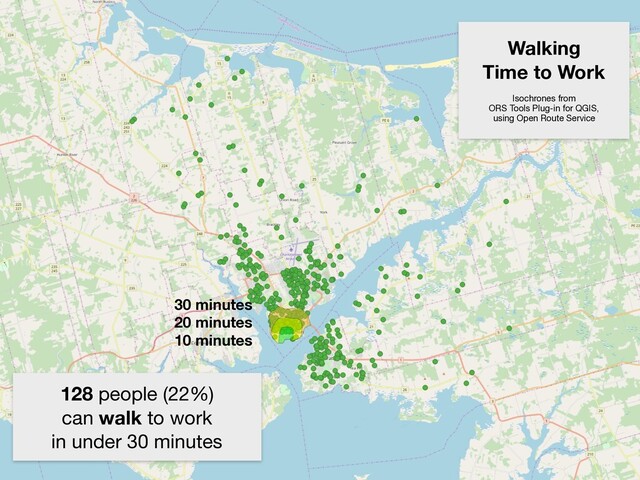 10 minutes
20 minutes
30 minutes
Walking
Time to Work
Isochrones from

ORS Tools Plug-in for QGIS,

using Open Route Service
128 people (22%)

can walk to work

in under 30 minutes
