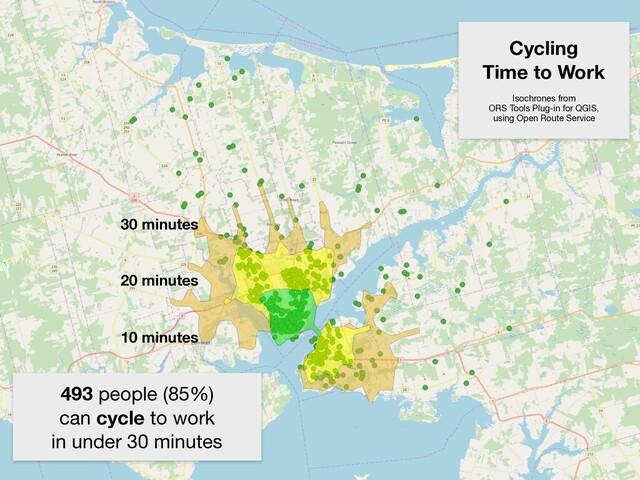 10 minutes
20 minutes
30 minutes
Cycling
Time to Work
Isochrones from

ORS Tools Plug-in for QGIS,

using Open Route Service
493 people (85%)

can cycle to work

in under 30 minutes
