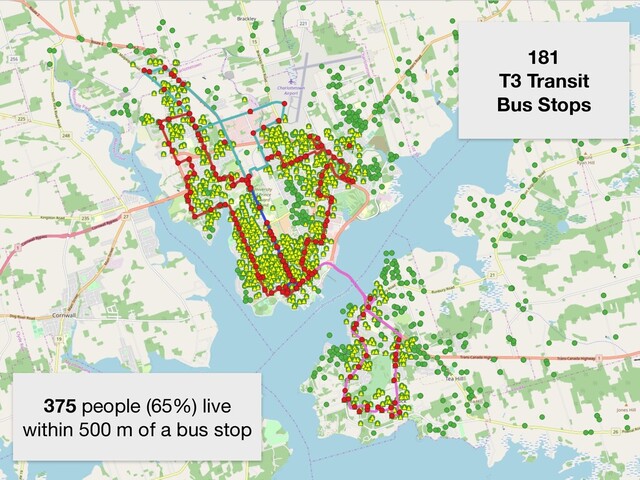 181
T3 Transit
Bus Stops
375 people (65%) live 

within 500 m of a bus stop
