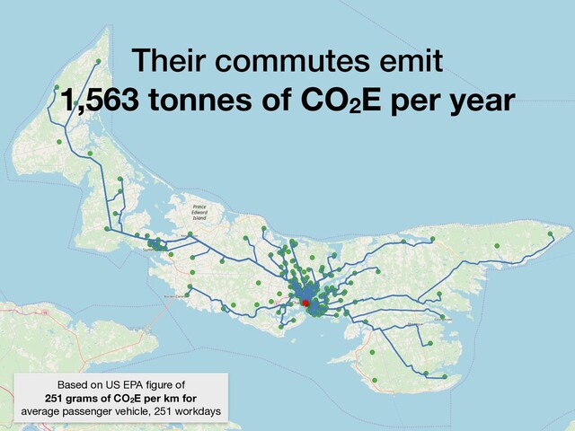 Based on US EPA ﬁgure of

251 grams of CO2E per km for
average passenger vehicle, 251 workdays
Their commutes emit
1,563 tonnes of CO2E per year
