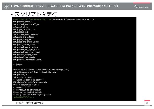 FIWARE環境構築 ⽅法２︓ FIWARE-Big-Bang (FIWAREの統合環境インストーラ)
• スクリプトを実⾏
25
ubuntu@orion2:~/FIWARE-Big-Bang-0.10.0$ ./lets-fiware.sh fiware-sakura.jp 59.106.220.110
setup: check_machine
setup: check_machine x86_64
setup: get_distro
setup: get_distro Ubuntu
setup: setup_init
setup: check_data_direcotry
setup: make_directories
setup: get_config_sh
setup: set_and_check_values
setup: set_default_values
setup: check_cygnus_values
setup: check_iot_agent_values
setup: check_node_red_values
setup: setup_logging_step1
setup: install_commands
setup: install_commands_ubuntu
<<中略>>
Wait for https://keyrock2.fiware-sakura.jp/ to be ready (300 sec)
setup: https://keyrock2.fiware-sakura.jp/ is ready.
setup: clean_up
setup: setup_complete
*** Setup has been completed ***
IDM: https://keyrock2.fiware-sakura.jp
User: admin@fiware-sakura.jp
Password: *********
docs: https://fi-bb.letsfiware.jp/
Please see the .env file for details.
ubuntu@orion2:~/FIWARE-Big-Bang-0.10.0$
s-kikuchi@PC104516 ~>
およそ5分程度はかかる
