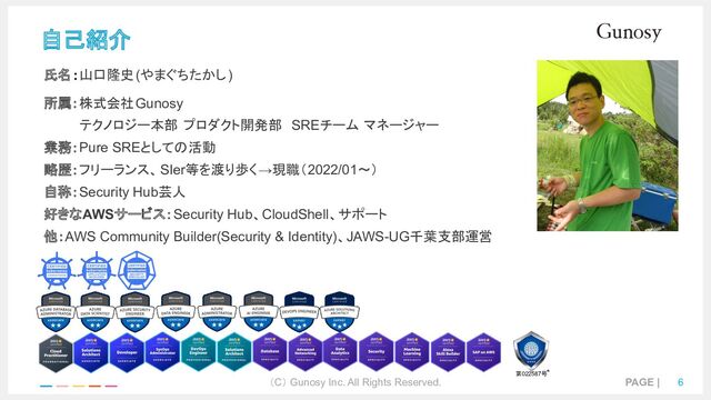（C） Gunosy Inc. All Rights Reserved. PAGE | 6
自己紹介
氏名：山口隆史(やまぐちたかし)
所属：株式会社Gunosy
テクノロジー本部 プロダクト開発部 SREチーム マネージャー
業務：Pure SREとしての活動
略歴：フリーランス、SIer等を渡り歩く→現職（2022/01〜）
自称：Security Hub芸人
好きなAWSサービス：Security Hub、CloudShell、サポート
他：AWS Community Builder(Security & Identity)、JAWS-UG千葉支部運営
第022587号
