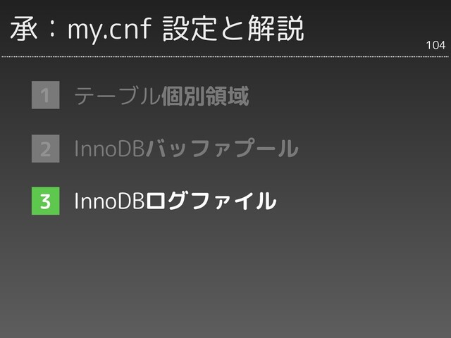 承：my.cnf 設定と解説
テーブル個別領域
InnoDBバッファプール
InnoDBログファイル
1
2
3
104
