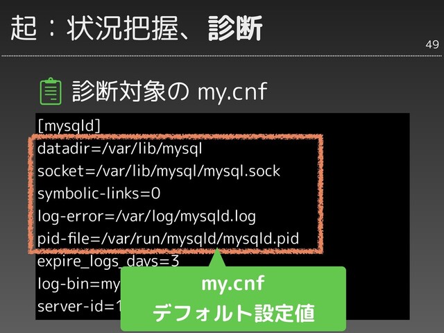 起：状況把握、診断
診断対象の my.cnf
[mysqld]
datadir=/var/lib/mysql
socket=/var/lib/mysql/mysql.sock
symbolic-links=0
log-error=/var/log/mysqld.log
pid-ﬁle=/var/run/mysqld/mysqld.pid
expire_logs_days=3
log-bin=mysql-bin
server-id=1001
49
my.cnf
デフォルト設定値
