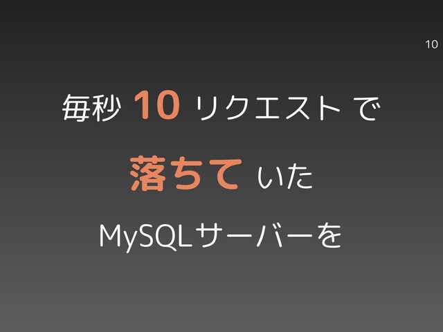 10
毎秒 10 リクエスト で
落ちて いた
MySQLサーバーを
