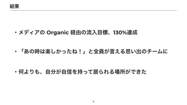 8
݁Ռ
ɾϝσΟΞͷ Organic ܦ༝ͷྲྀೖ໨ඪɺ130%ୡ੒
ɾʮ͋ͷ࣌͸ָ͔ͬͨ͠Ͷʂʯͱશһ͕ݴ͑Δࢥ͍ग़ͷνʔϜʹ
ɾԿΑΓ΋ɺࣗ෼͕ࣗ৴Λ࣋ͬͯډΒΕΔ৔ॴ͕Ͱ͖ͨ
