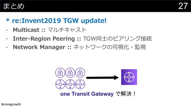 #cmregrowth
27
まとめ
* re:Invent2019 TGW update!
- Multicast :: マルチキャスト
- Inter-Region Peering :: TGW同⼠のピアリング接続
- Network Manager :: ネットワークの可視化・監視
