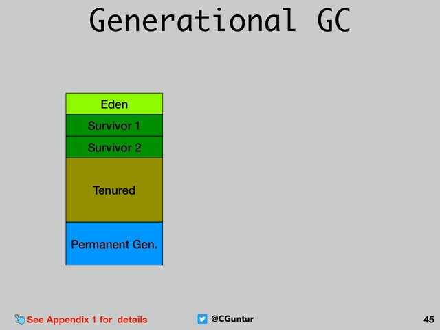 @CGuntur 45
Generational GC
Eden
Survivor 1
Survivor 2
Tenured
Permanent Gen.
See Appendix 1 for details
