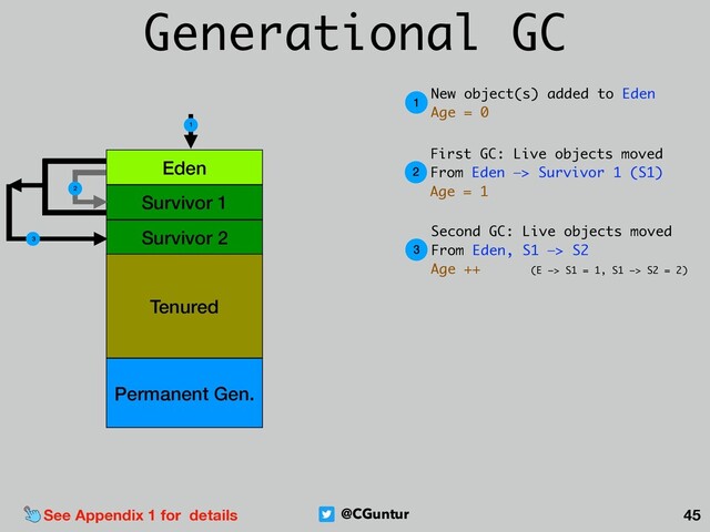 @CGuntur 45
Generational GC
Eden
Survivor 1
Survivor 2
Tenured
Permanent Gen.
1
2
3
1
New object(s) added to Eden 
Age = 0
2
First GC: Live objects moved 
From Eden —> Survivor 1 (S1) 
Age = 1
3
Second GC: Live objects moved 
From Eden, S1 —> S2 
Age ++ (E —> S1 = 1, S1 —> S2 = 2)
See Appendix 1 for details
