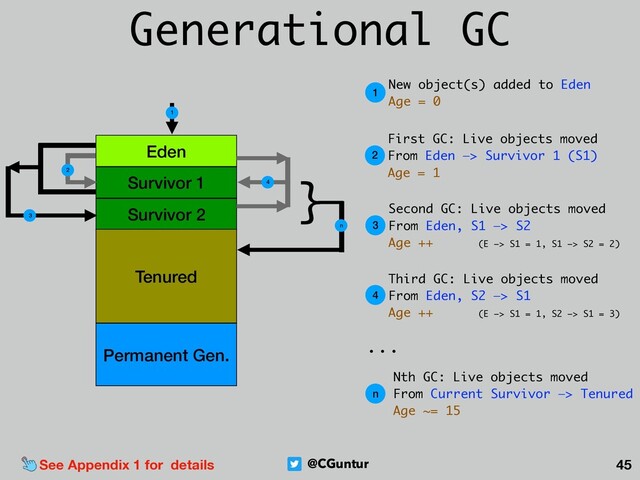 @CGuntur 45
Generational GC
Eden
Survivor 1
Survivor 2
Tenured
Permanent Gen.
1
2
3
4
n
}
1
New object(s) added to Eden 
Age = 0
2
First GC: Live objects moved 
From Eden —> Survivor 1 (S1) 
Age = 1
3
Second GC: Live objects moved 
From Eden, S1 —> S2 
Age ++ (E —> S1 = 1, S1 —> S2 = 2)
4
Third GC: Live objects moved 
From Eden, S2 —> S1 
Age ++ (E —> S1 = 1, S2 —> S1 = 3)
n
Nth GC: Live objects moved 
From Current Survivor —> Tenured 
Age ~= 15
See Appendix 1 for details
...
