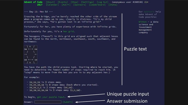 Unique puzzle input
Answer submission
Puzzle text
