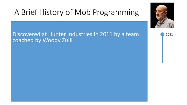 Discovered at Hunter Industries in 2011 by a team
coached by Woody Zuill
2011
A Brief History of Mob Programming
Discovered at Hunter Industries in 2011 by a team
coached by Woody Zuill
