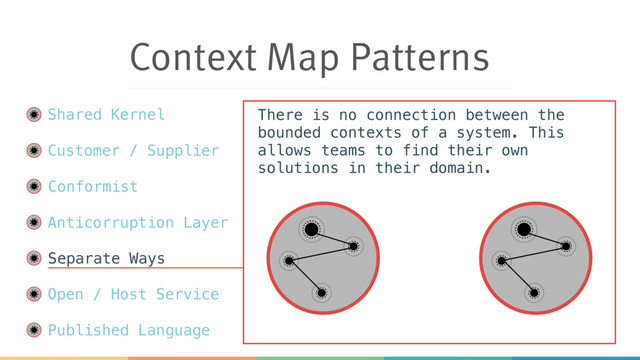 Context Map Patterns
Shared Kernel
Customer / Supplier
Conformist
Anticorruption Layer
Separate Ways
Open / Host Service
Published Language
There is no connection between the
bounded contexts of a system. This
allows teams to find their own
solutions in their domain.
