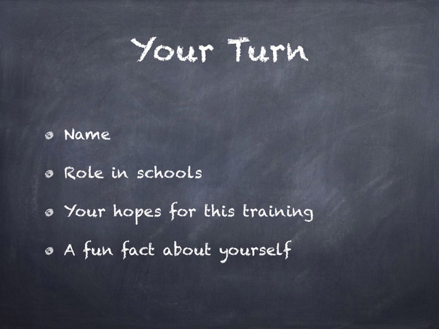 Your Turn
Name
Role in schools
Your hopes for this training
A fun fact about yourself
