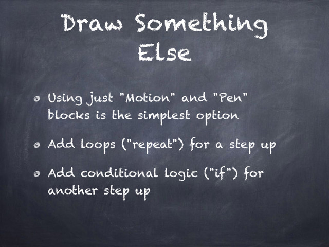 Draw Something
Else
Using just "Motion" and "Pen"
blocks is the simplest option
Add loops ("repeat") for a step up
Add conditional logic ("if") for
another step up
