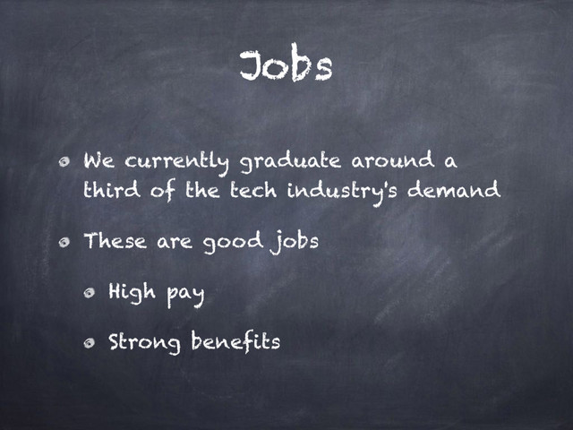 Jobs
We currently graduate around a
third of the tech industry's demand
These are good jobs
High pay
Strong benefits
