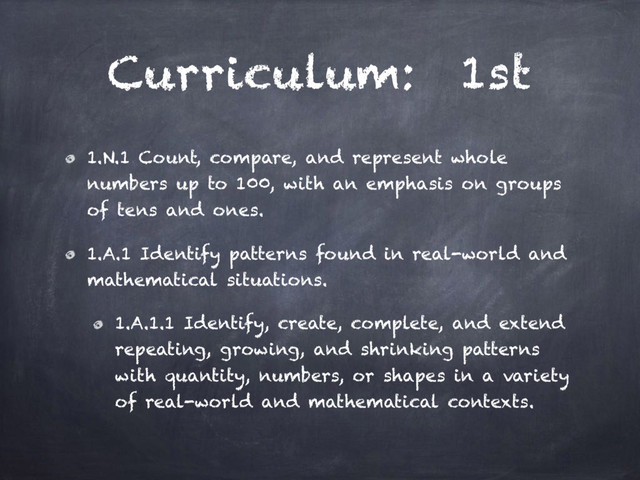 Curriculum: 1st
1.N.1 Count, compare, and represent whole
numbers up to 100, with an emphasis on groups
of tens and ones.
1.A.1 Identify patterns found in real-world and
mathematical situations.
1.A.1.1 Identify, create, complete, and extend
repeating, growing, and shrinking patterns
with quantity, numbers, or shapes in a variety
of real-world and mathematical contexts.
