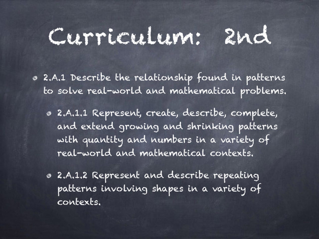 Curriculum: 2nd
2.A.1 Describe the relationship found in patterns
to solve real-world and mathematical problems.
2.A.1.1 Represent, create, describe, complete,
and extend growing and shrinking patterns
with quantity and numbers in a variety of
real-world and mathematical contexts.
2.A.1.2 Represent and describe repeating
patterns involving shapes in a variety of
contexts.
