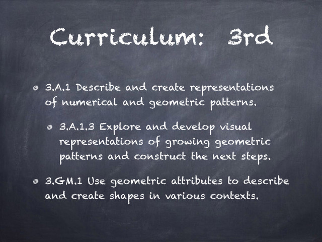 Curriculum: 3rd
3.A.1 Describe and create representations
of numerical and geometric patterns.
3.A.1.3 Explore and develop visual
representations of growing geometric
patterns and construct the next steps.
3.GM.1 Use geometric attributes to describe
and create shapes in various contexts.
