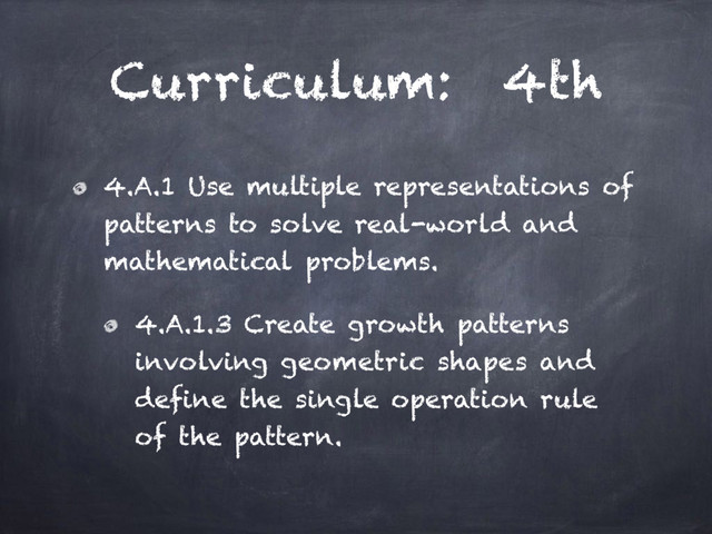 Curriculum: 4th
4.A.1 Use multiple representations of
patterns to solve real-world and
mathematical problems.
4.A.1.3 Create growth patterns
involving geometric shapes and
define the single operation rule
of the pattern.
