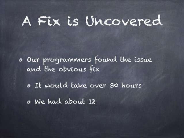 A Fix is Uncovered
Our programmers found the issue
and the obvious fix
It would take over 30 hours
We had about 12
