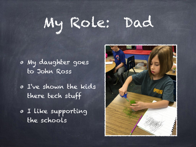 My Role: Dad
My daughter goes
to John Ross
I've shown the kids
there tech stuff
I like supporting
the schools
