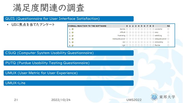 満足度関連の調査
2022/10/24 UWS2022
21
QUIS (Questionnaire for User Interface Satisfaction)
• UIに焦点を当てたアンケート
CSUQ (Computer System Usability Questionnaire)
PUTQ (Purdue Usability Testing Questionnaire)
UMUX (User Metric for User Experience)
UMUX-Lite

