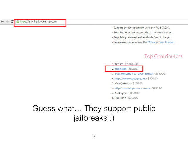 Guess what… They support public
jailbreaks :)
14
