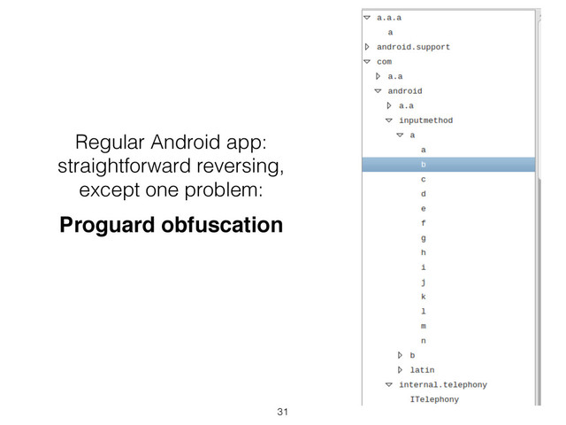 Regular Android app:
straightforward reversing,
except one problem:
Proguard obfuscation
31
