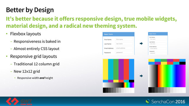 Better by Design
It’s better because it offers responsive design, true mobile widgets,
material design, and a radical new theming system.
• Flexbox layouts
- Responsiveness is baked in
- Almost entirely CSS layout
• Responsive grid layouts
- Traditional 12 column grid
- New 12x12 grid
• Responsive width and height

