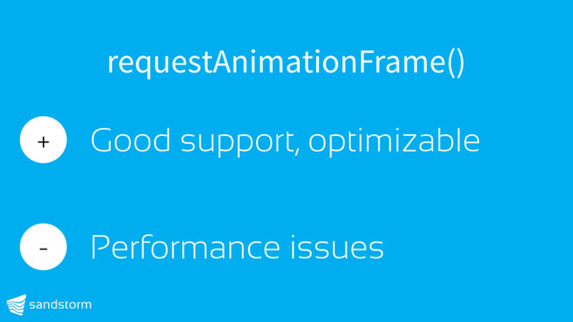 requestAnimationFrame()
+ Good support, optimizable
- Performance issues

