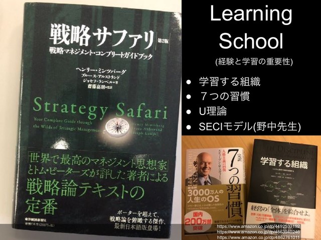 Learning
School
(ܦݧͱֶशͷॏཁੑ)
● ֶश͢Δ૊৫
● ̓ͭͷश׳
● Uཧ࿦
● SECIϞσϧ(໺தઌੜ)
!94
https://www.amazon.co.jp/dp/4492533192
https://www.amazon.co.jp/dp/4863940246
https://www.amazon.co.jp/dp/4862761011
