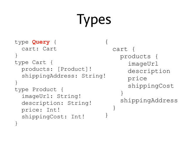 Types
type Query {
cart: Cart
}
type Cart {
products: [Product]!
shippingAddress: String!
}
type Product {
imageUrl: String!
description: String!
price: Int!
shippingCost: Int!
}
{
cart {
products {
imageUrl
description
price
shippingCost
}
shippingAddress
}
}
