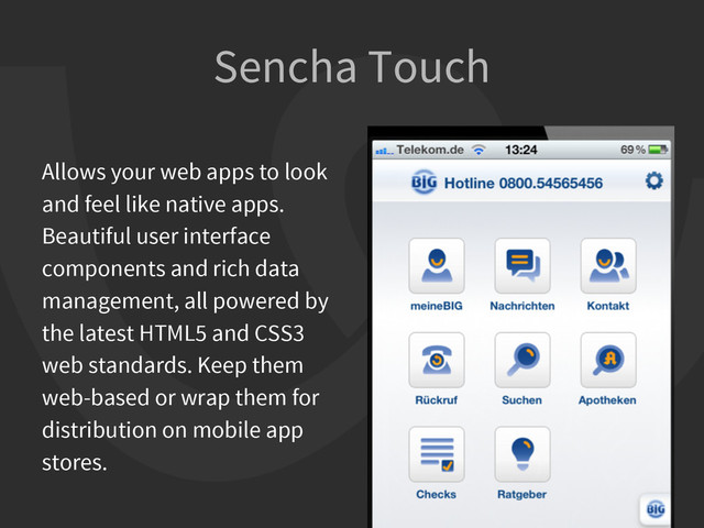 Sencha Touch
Allows your web apps to look
and feel like native apps.
Beautiful user interface
components and rich data
management, all powered by
the latest HTML5 and CSS3
web standards. Keep them
web-based or wrap them for
distribution on mobile app
stores.

