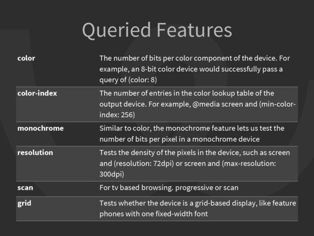 Queried Features
color The number of bits per color component of the device. For
example, an 8-bit color device would successfully pass a
query of (color: 8)
color-index The number of entries in the color lookup table of the
output device. For example, @media screen and (min-color-
index: 256)
monochrome Similar to color, the monochrome feature lets us test the
number of bits per pixel in a monochrome device
resolution Tests the density of the pixels in the device, such as screen
and (resolution: 72dpi) or screen and (max-resolution:
300dpi)
scan For tv based browsing. progressive or scan
grid Tests whether the device is a grid-based display, like feature
phones with one fixed-width font
