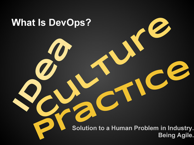 What Is DevOps?
Id
e
a
C
u
ltu
re
Practice
Solution to a Human Problem in Industry.
Being Agile.
