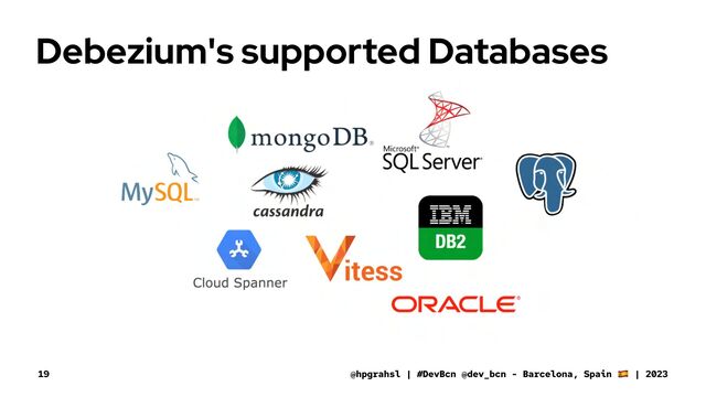 Debezium's supported Databases
@hpgrahsl | #DevBcn @dev_bcn - Barcelona, Spain | 2023
19

