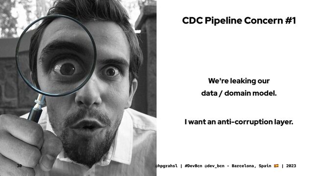 CDC Pipeline Concern #1
We're leaking our
data / domain model.
I want an anti-corruption layer.
@hpgrahsl | #DevBcn @dev_bcn - Barcelona, Spain | 2023
30
