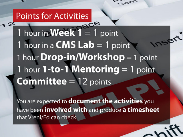 Points for Activities
1 hour in Week 1 = 1 point
1 hour in a CMS Lab = 1 point
1 hour Drop-in/Workshop = 1 point
1 hour 1-to-1 Mentoring = 1 point
Committee = 12 points
You are expected to document the activities you
have been involved with and produce a timesheet
that Vreni/Ed can check.

