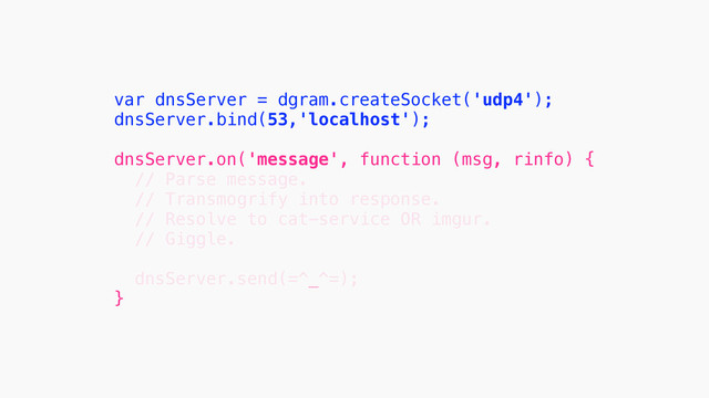 var dnsServer = dgram.createSocket('udp4');
dnsServer.bind(53,'localhost');
!
dnsServer.on('message', function (msg, rinfo) {
// Parse message.
// Transmogrify into response.
// Resolve to cat-service OR imgur.
// Giggle.
!
dnsServer.send(=^_^=);
}
