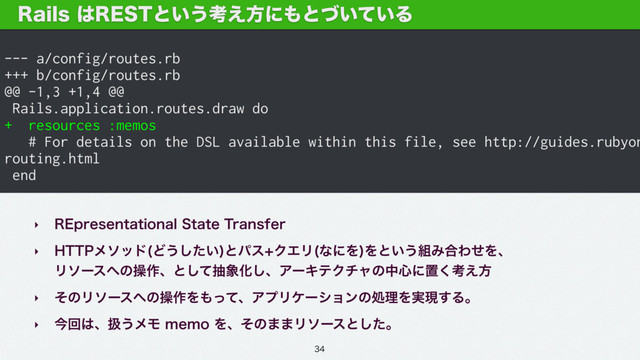 --- a/config/routes.rb
+++ b/config/routes.rb
@@ -1,3 +1,4 @@
Rails.application.routes.draw do
+ resources :memos
# For details on the DSL available within this file, see http://guides.rubyon
routing.html
end
3BJMT͸3&45ͱ͍͏ߟ͑ํʹ΋ͱ͍͍ͮͯΔ
‣ 3&QSFTFOUBUJPOBM4UBUF5SBOTGFS
‣ )551ϝιου Ͳ͏͍ͨ͠
ͱύεΫΤϦ ͳʹΛ
Λͱ͍͏૊Έ߹ΘͤΛɺ 
Ϧιʔε΁ͷૢ࡞ɺͱͯ͠ந৅Խ͠ɺΞʔΩςΫνϟͷத৺ʹஔ͘ߟ͑ํ
‣ ͦͷϦιʔε΁ͷૢ࡞Λ΋ͬͯɺΞϓϦέʔγϣϯͷॲཧΛ࣮ݱ͢Δɻ
‣ ࠓճ͸ɺѻ͏ϝϞNFNPΛɺͦͷ··Ϧιʔεͱͨ͠ɻ

