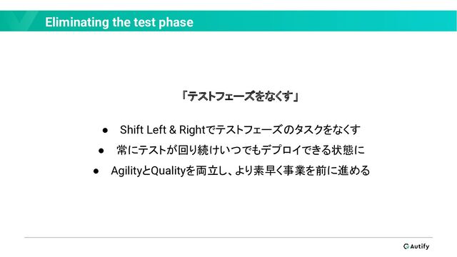 Eliminating the test phase
「テストフェーズをなくす」
● Shift Left & Rightでテストフェーズのタスクをなくす
● 常にテストが回り続けいつでもデプロイできる状態に
● AgilityとQualityを両立し、より素早く事業を前に進める
