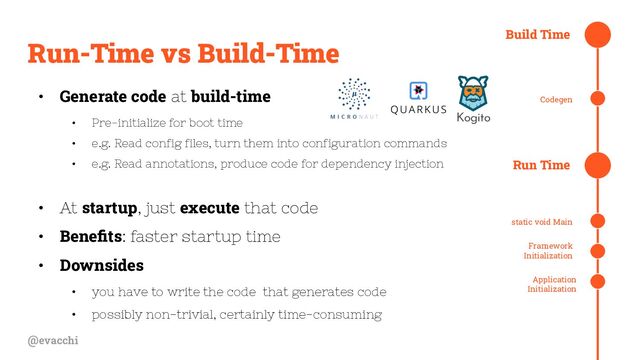 @evacchi
Run-Time vs Build-Time
• Generate code at build-time
• Pre-initialize for boot time
• e.g. Read config files, turn them into configuration commands
• e.g. Read annotations, produce code for dependency injection
• At startup, just execute that code
• Beneﬁts: faster startup time
• Downsides
• you have to write the code that generates code
• possibly non-trivial, certainly time-consuming
Build Time
Run Time
static void Main
Framework
Initialization
Application
Initialization
Codegen
