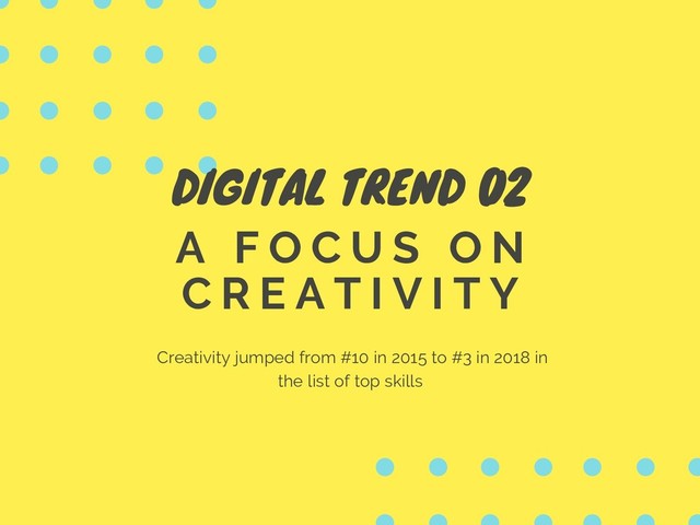 DIGITAL TREND 02
A F O C U S O N
C R E A T I V I T Y
Creativity jumped from #10 in 2015 to #3 in 2018 in
the list of top skills
