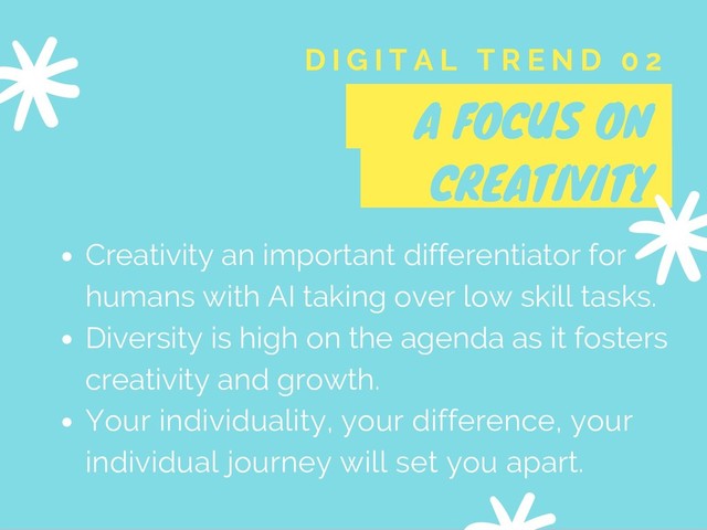 A FOCUS ON
CREATIVITY
D I G I T A L T R E N D 0 2
Creativity an important differentiator for
humans with AI taking over low skill tasks.
Diversity is high on the agenda as it fosters
creativity and growth.
Your individuality, your difference, your
individual journey will set you apart.
