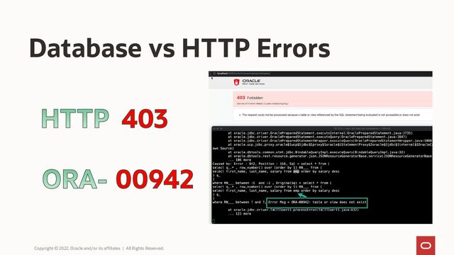 Database vs HTTP Errors
Copyright © 2022, Oracle and/or its affiliates | All Rights Reserved.
