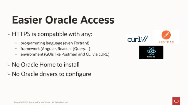 • HTTPS is compatible with any:
• programming language (even Fortran!)
• framework (Angular, React.js, jQuery…)
• environment (GUIs like Postman and CLI via cURL)
• No Oracle Home to install
• No Oracle drivers to configure
Easier Oracle Access
Copyright © 2022, Oracle and/or its affiliates | All Rights Reserved.
